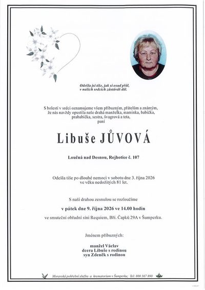 Smuteční oznámení – Libuše Jůvová