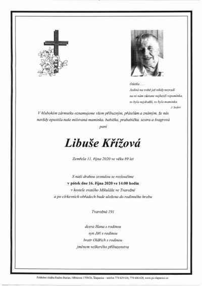 Smuteční oznámení – Libuše Křížová