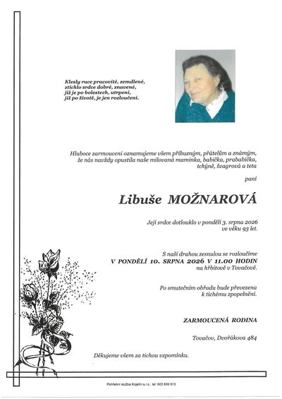 Smuteční oznámení – Libuše Možnarová