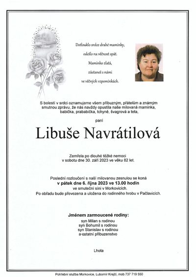 Smuteční oznámení – Libuše Navrátilová