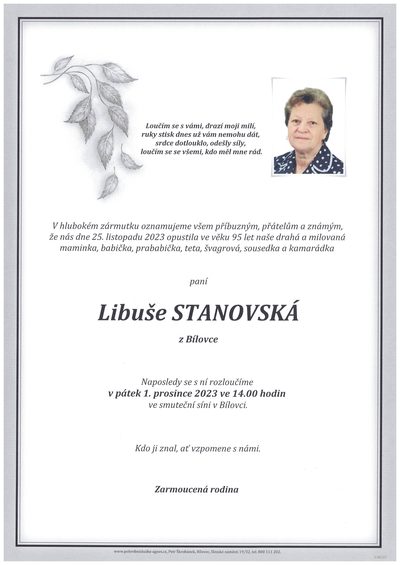 Smuteční oznámení – Libuše Stanovská