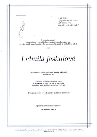 Smuteční oznámení – Lidmila Jaskulová