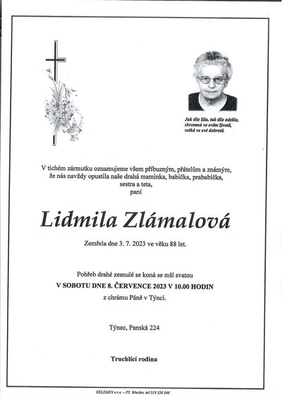 Smuteční oznámení – Lidmila Zlámalová
