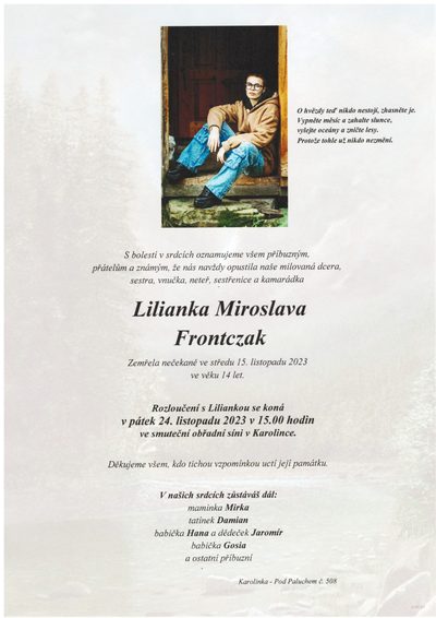 Smuteční oznámení – Lilianka Miroslava