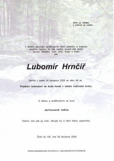 Smuteční oznámení – Lubomir Hrncir