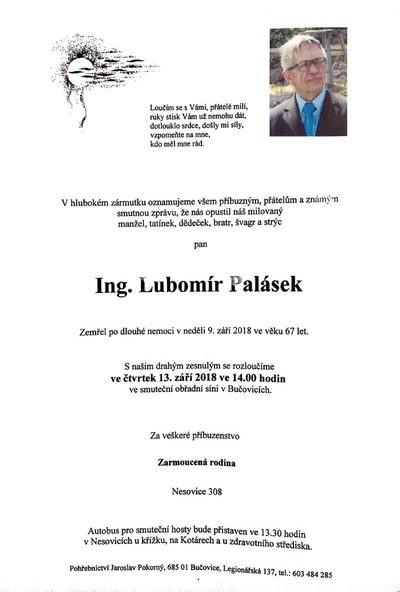 Smuteční oznámení – Ing. Lubomír Palásek