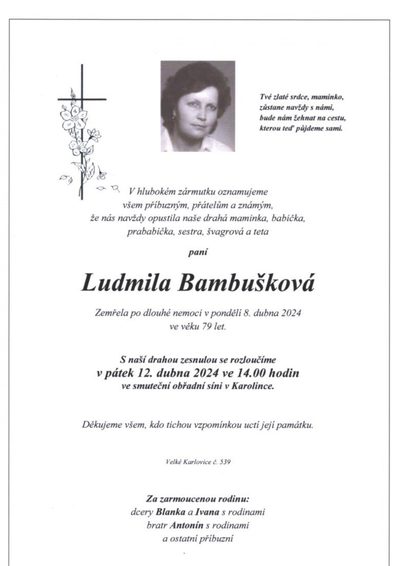 Smuteční oznámení – Ludmila Bambušková