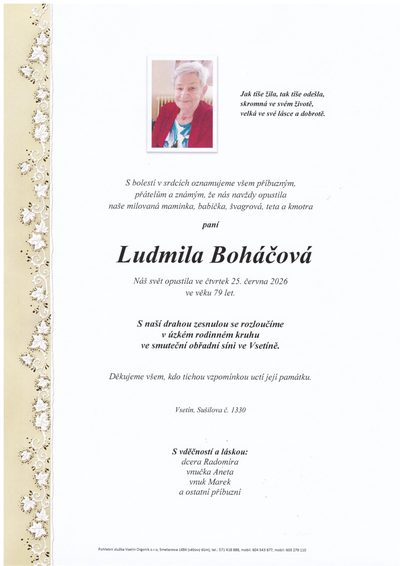 Smuteční oznámení – Ludmila Boháčová