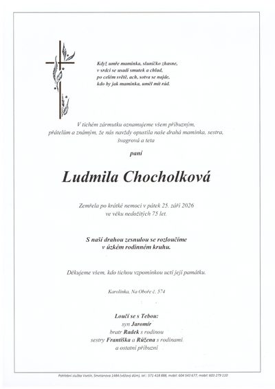 Smuteční oznámení – Ludmila Chocholková