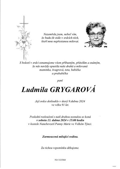 Smuteční oznámení – Ludmila Grygarová