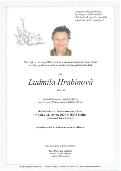 Smuteční oznámení – Ludmila Hrabinová