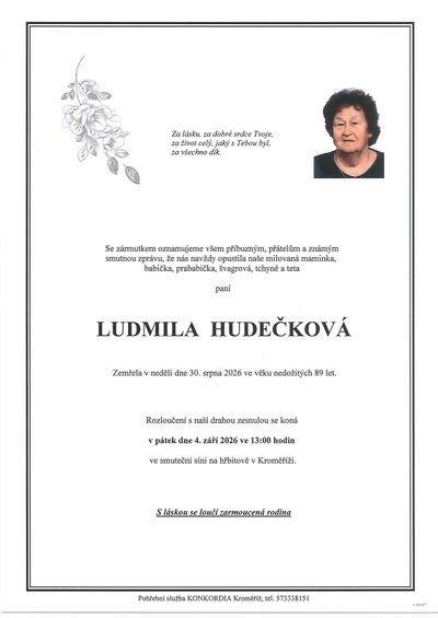 Smuteční oznámení – Ludmila Hudečková