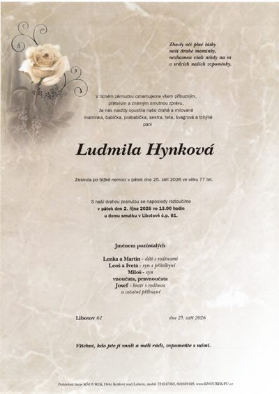 Smuteční oznámení – Ludmila Hynková