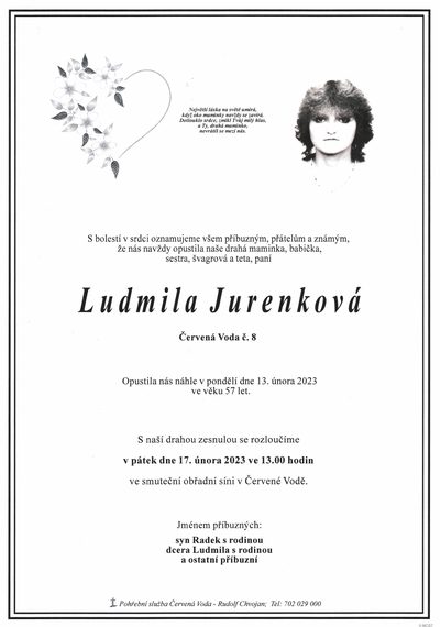 Smuteční oznámení – Ludmila Jurenkováa