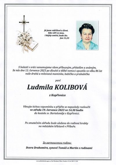 Smuteční oznámení – Ludmila Kolibová