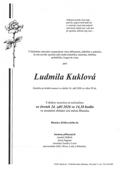 Smuteční oznámení – Ludmila Kuklová