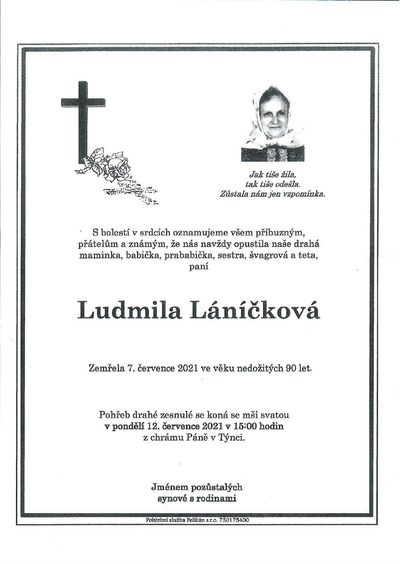Smuteční oznámení – Ludmila Láníčková