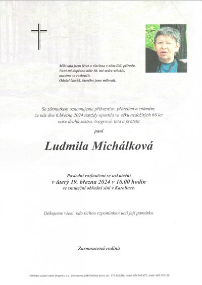 Smuteční oznámení – Ludmila Michálková
