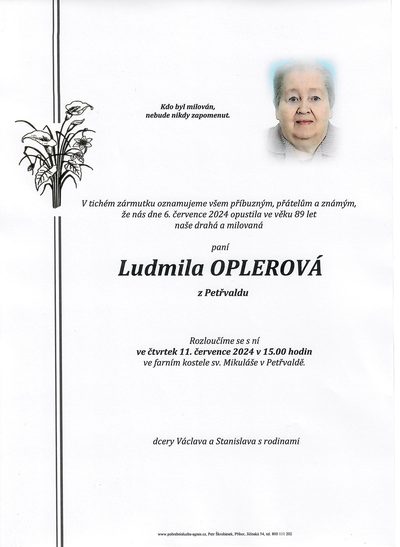 Smuteční oznámení – Ludmila Oplerová