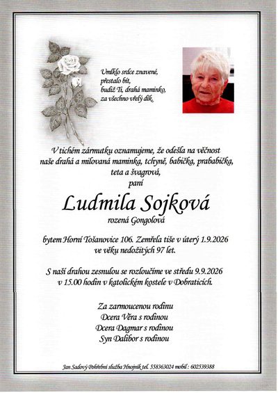 Smuteční oznámení – Ludmila Sojková