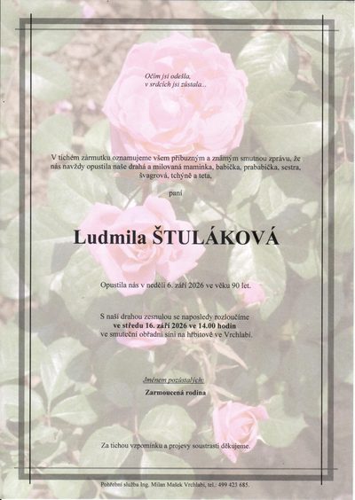 Smuteční oznámení – Ludmila Štuláková