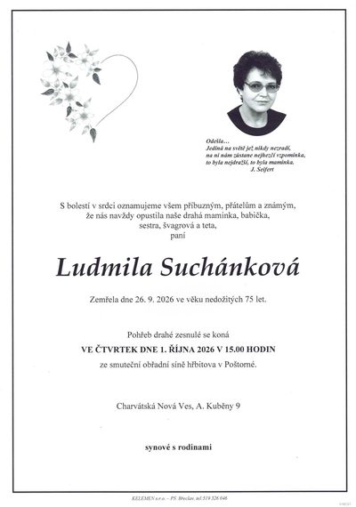 Smuteční oznámení – Ludmila Suchánková Suchankova