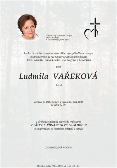 Smuteční oznámení – Ludmila Vařeková