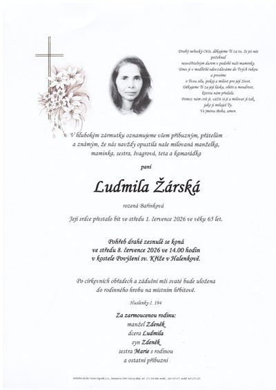 Smuteční oznámení – Ludmila Žárská