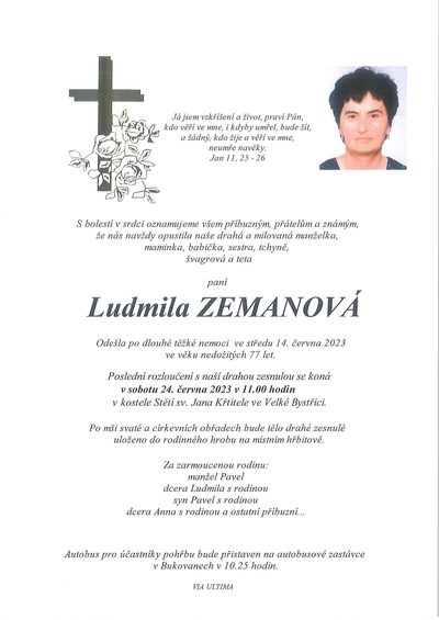 Smuteční oznámení – Ludmila Zemanová
