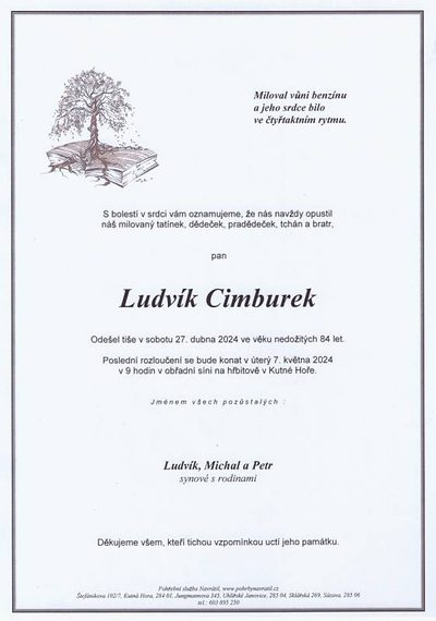 Smuteční oznámení – Ludvík Cimburek