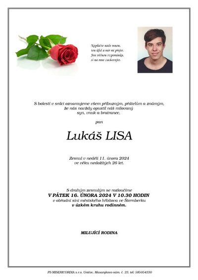 Smuteční oznámení – Lukáš Lisa