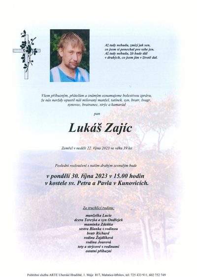 Smuteční oznámení – Lukás Zajíc