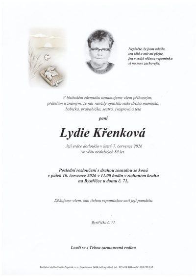 Smuteční oznámení – Lydie Křenková