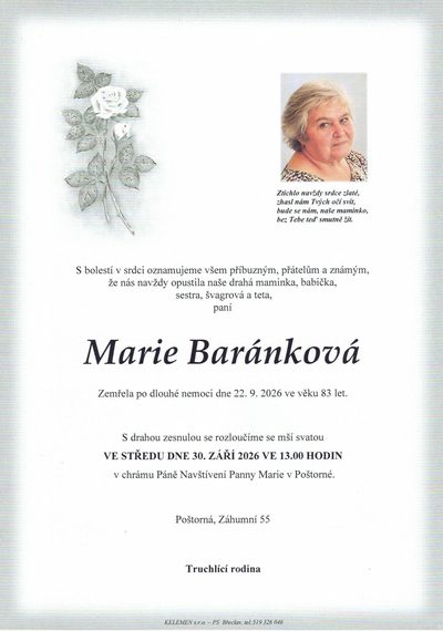 Smuteční oznámení – M Barankova