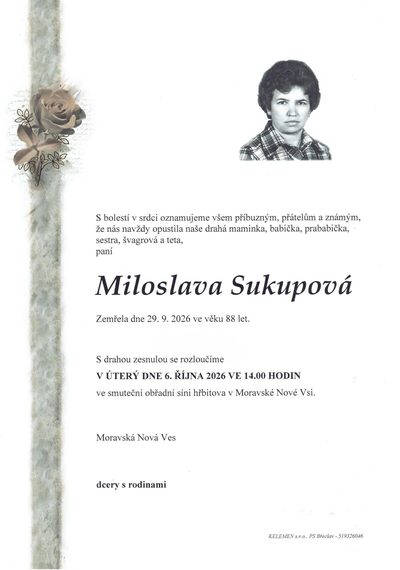 Smuteční oznámení – M Sukupova