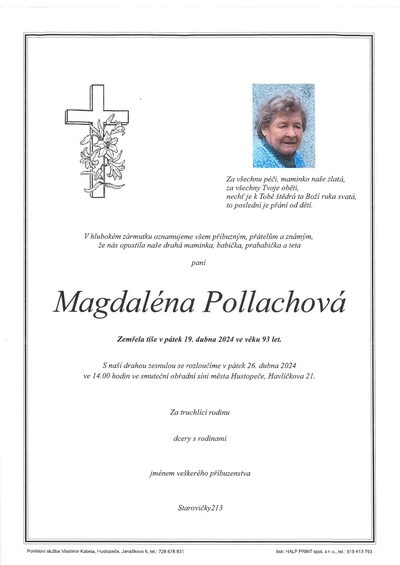 Smuteční oznámení – Magdaléna Pollachová