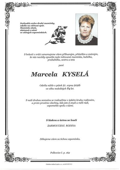 Smuteční oznámení – Marcela Kyselá