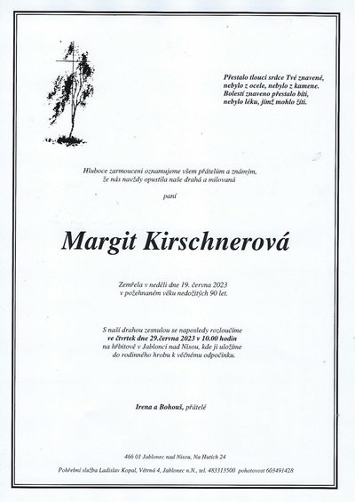 Smuteční oznámení – Margit Kirschnerová