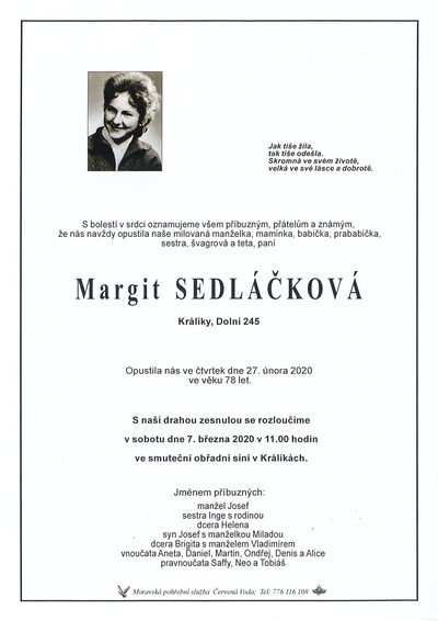 Smuteční oznámení – Margit Sedláčková