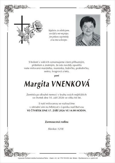 Smuteční oznámení – Margita Vnenková