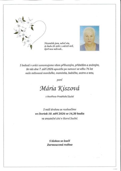 Smuteční oznámení – Mária Kiszová