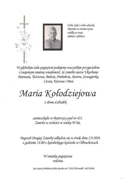 Smuteční oznámení – Maria Kołodziejowa