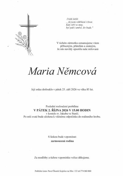 Smuteční oznámení – Maria Němcová