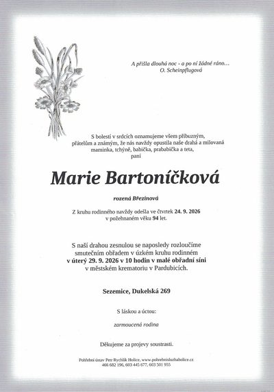 Smuteční oznámení – Marie Bartoníčková