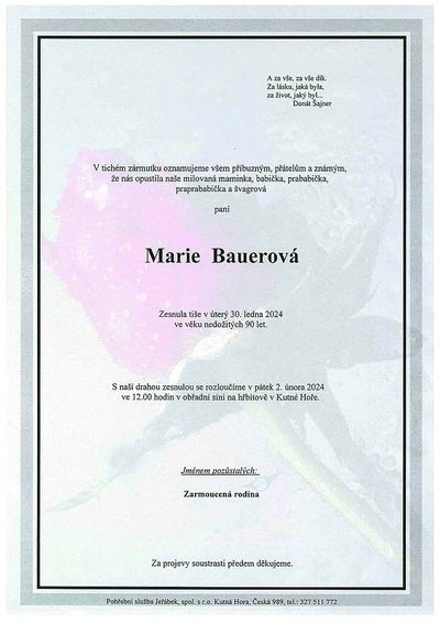 Smuteční oznámení – Marie Bauerova