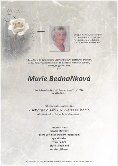 Smuteční oznámení – Marie Bednaříková
