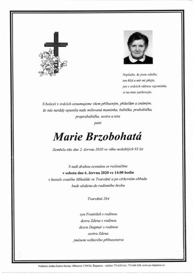 Smuteční oznámení – Marie Brzobohatá