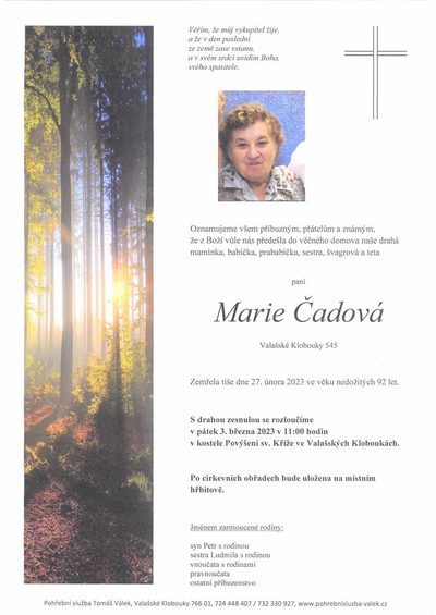 Smuteční oznámení – Marie Čadová