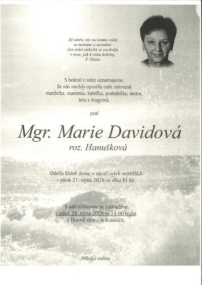 Smuteční oznámení – Mgr. Marie Davidová