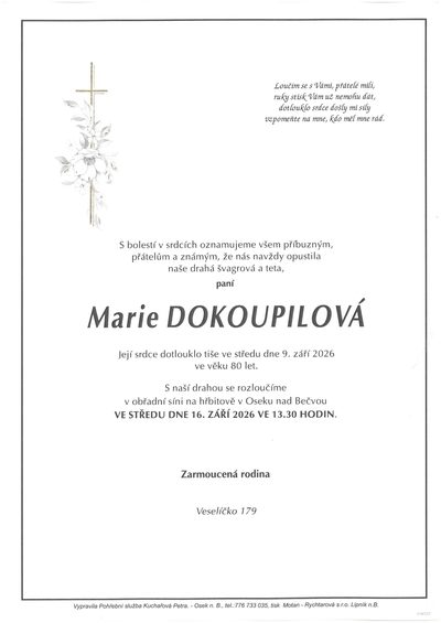 Smuteční oznámení – Marie Dokoupilová